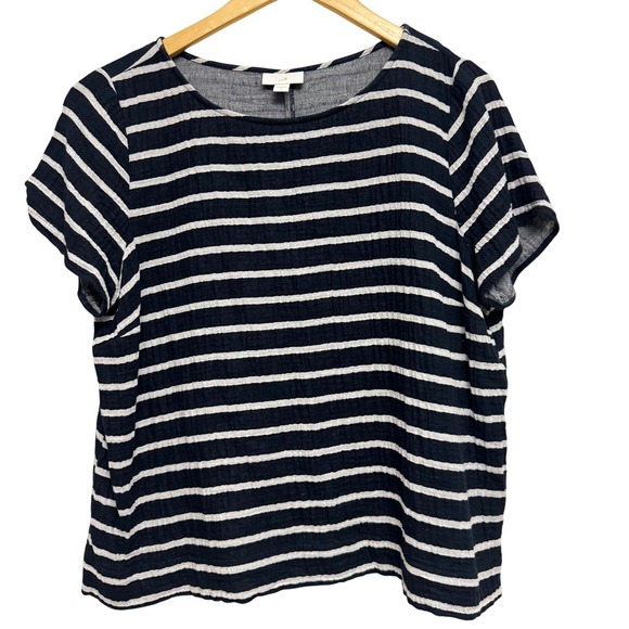 J. Jill Tops - J. Jill Top Large Navy White Striped Short Sleeve‎ 100% Cotton Gauzey Top